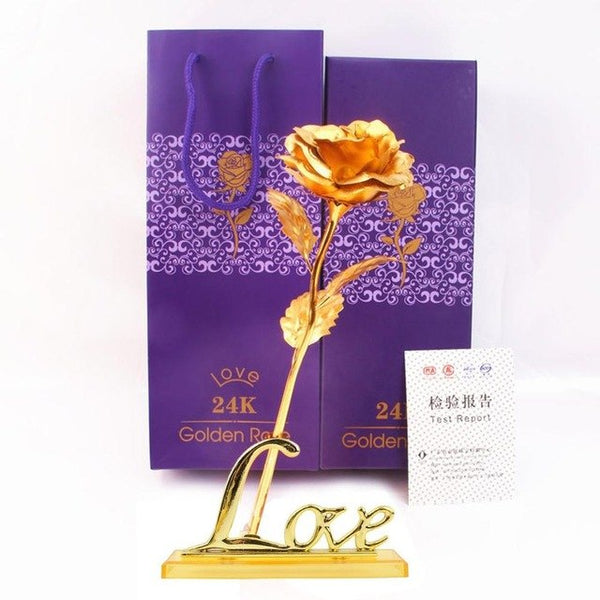 24k Gold Foil Plated Rose Creative Gifts Lasts Forever Rose with LOVE Base for Lover's Wedding Christmas Decor with Retailed Box