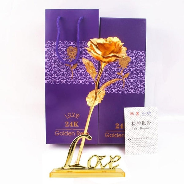 24k Gold Foil Plated Rose Creative Gifts Lasts Forever Rose with LOVE Base for Lover's Wedding Christmas Decor with Retailed Box